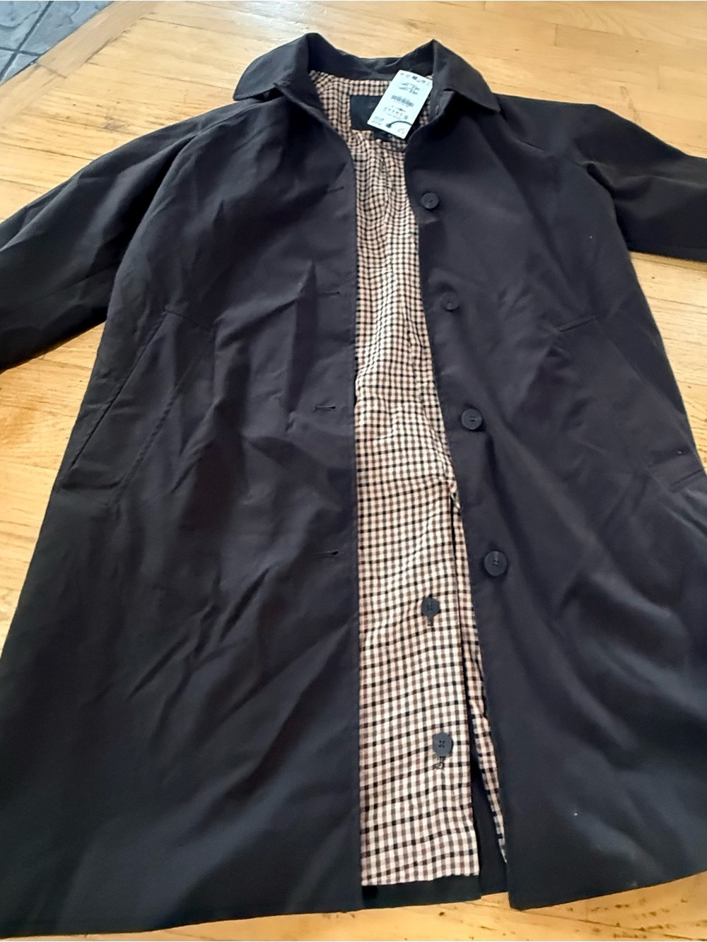 NWT size S Zara Black Trench Coat with Brown Checked Lining